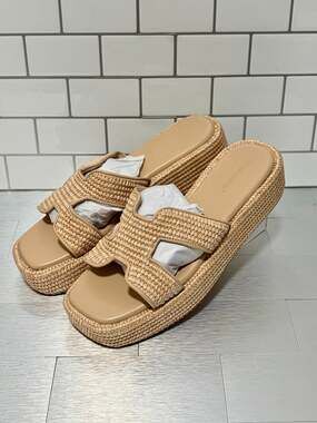 Monrovia Raffia Platform Sandals Espadrille Wedges Slides, Natural Womens Size 9